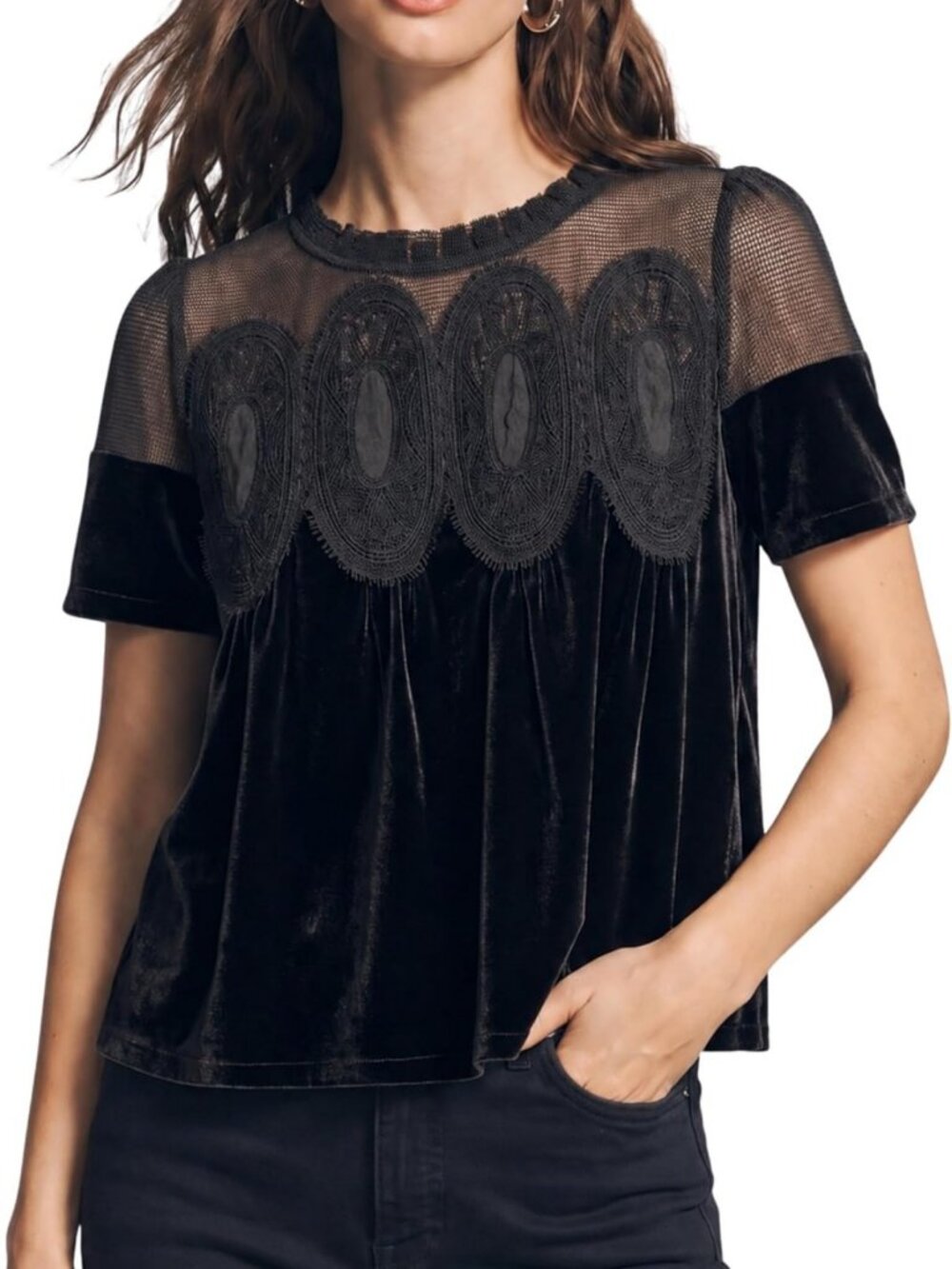 Chic Women's Short Sleeve Velvet Lace Blouse - Flowy Top for Stylish Outfits